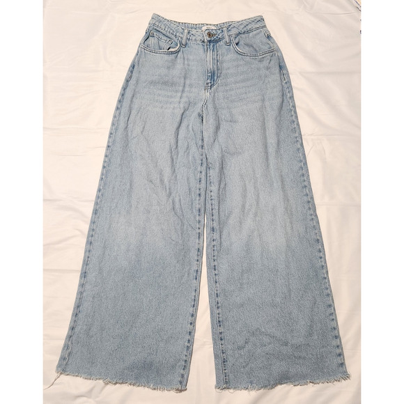 Forever 21 Premium Jeans Women's Size 27 Raw Hem Blue Denim Wide Leg Baggy Y2K - Picture 1 of 10
